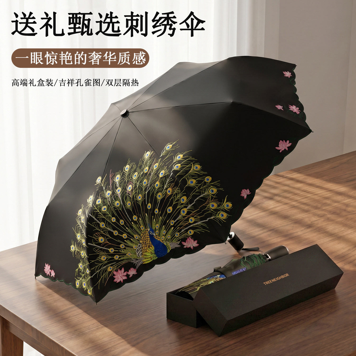 刺绣德国树邻太阳伞女双层遮阳伞黑胶三折高端复古晴雨两用伞送礼