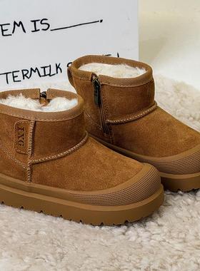 IXG 真皮儿童雪地靴男孩勃肯靴女童冬鞋2025新款加绒加厚保暖短靴