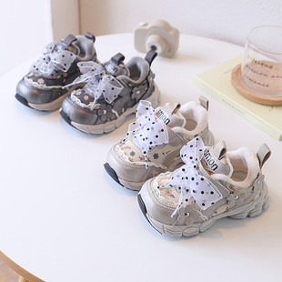 蝴蝶结韩版花朵女童加绒运动鞋2025新款冬季儿童二棉鞋宝宝公主鞋