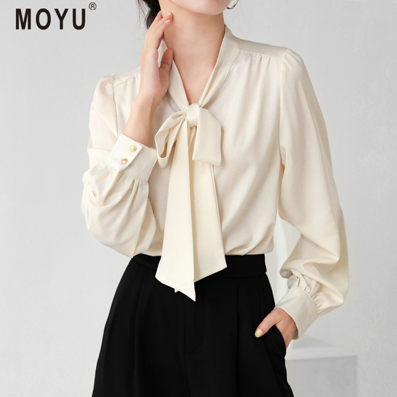 MY杏色飘带缎面衬衫长袖女秋季蝴蝶结衬衣V领雪纺通勤面试OL上衣