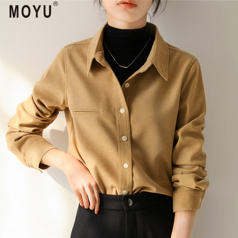 MY加厚磨毛衬衫女秋冬2021新款叠穿长袖灯芯绒衬衣复古港味设计感
