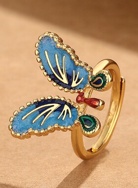 2026复古民族风镶嵌南红玛瑙烧蓝珐琅蝴蝶戒指简约女开口时尚百搭