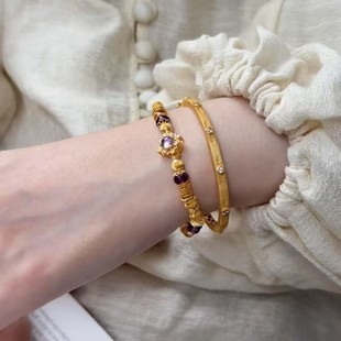 2026古法沙金紫水晶拉丝猫眼小盘缠手链紫水晶圆珠手串宫廷送女友