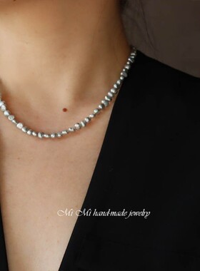 2026天然珍珠稀有真多麻灰色强光天然奶奶灰巴洛克珍珠项链锁骨链