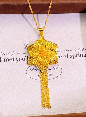 2026古法沙金镂空喇叭花流苏吊坠 复古中国风轻奢精致花朵毛衣链