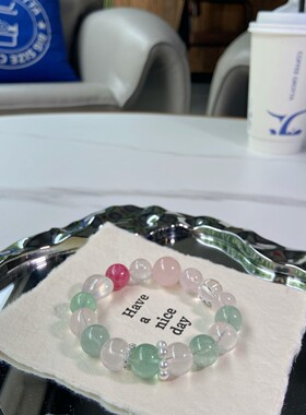 2026鑫梵希 天然粉水晶搭配绿萤石 蔷薇辉DIY单圈手链厂家直供