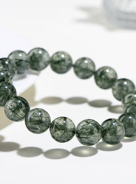 2026久雅水晶 天然猫眼绿发圆珠手串 时尚绿猫眼顺发绿色发手链