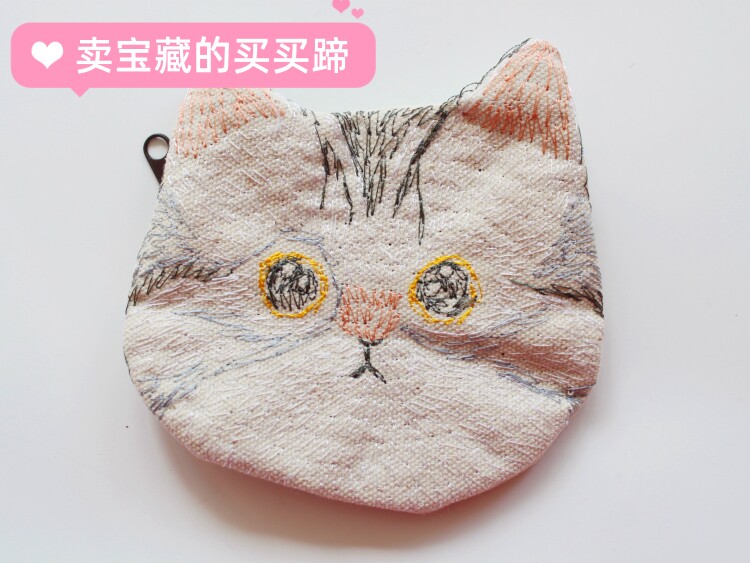 现货 泰国Playworks清迈小众设计文艺手工棉麻布艺刺绣猫咪零钱包
