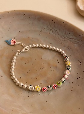 海边度假叠戴碎银石串珠大海蓝色手链显白通勤百搭撞色韩系手链环