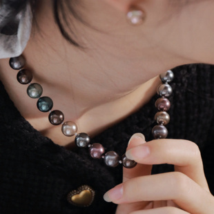 明星爆款热销万件拟真大溪地黑蝶皇后正圆极光炫彩混色珍珠项链