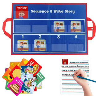 英语写作训练教具故事顺序排序卡收纳展示蓝色手提袋可擦写作文纸