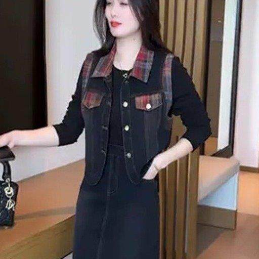 爆款时尚套装牛仔2025裙女秋季新款洋气减龄显瘦连衣裙马甲两件套