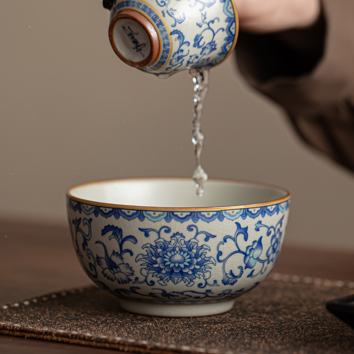 鑫裕源青花瓷小号茶洗杯洗茶道配件中式古典花纹陶瓷茶具小水盂