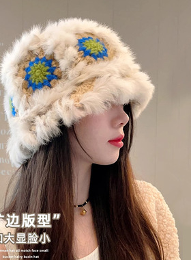 兔毛醒狮帽子女秋冬保暖可爱毛绒渔夫帽百搭显脸小水桶毛茸茸盆帽