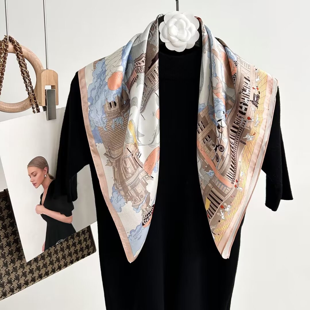 教师节礼物真丝丝巾女100%桑蚕丝城堡韩版70方巾围巾披肩春秋领巾