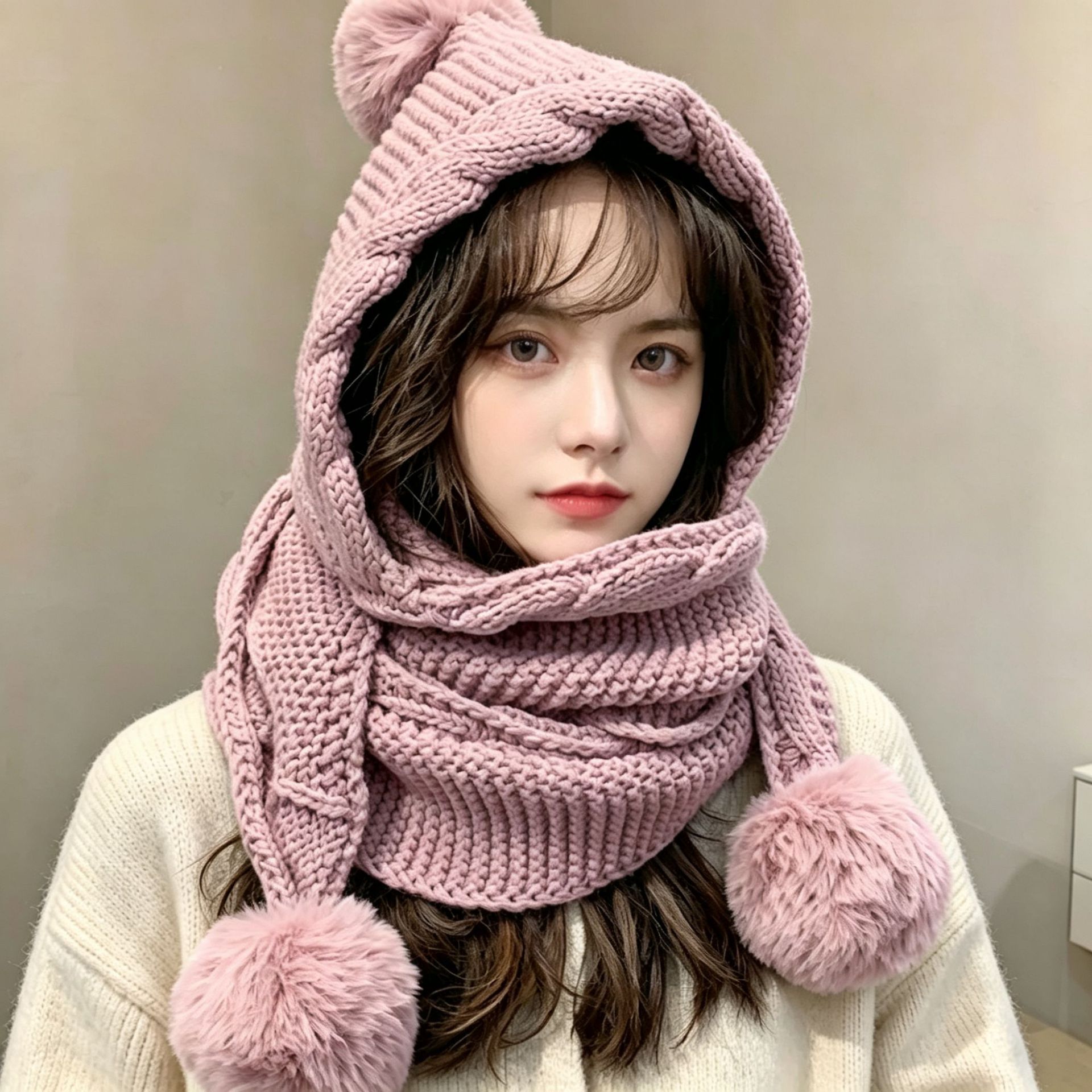 韩版毛线帽子女秋冬百搭连围巾一帽子