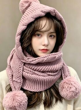 韩版毛线帽子女秋冬百搭连围巾一体帽可爱毛球护耳加厚保暖针织帽