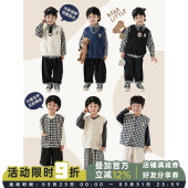 儿童学院风套装 两面穿马甲春装 印花文艺格子衬衫 幼悠男童熊熊数码
