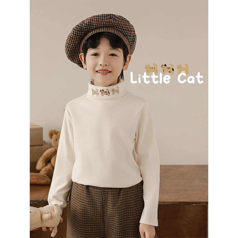 幼悠男童2025新款长袖猫咪高领t恤秋冬款亲肤柔软保暖儿童打底衫