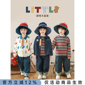 条纹T恤复古牛仔外套趣味游戏系列套装 撞色长袖 新款 幼悠男童春季