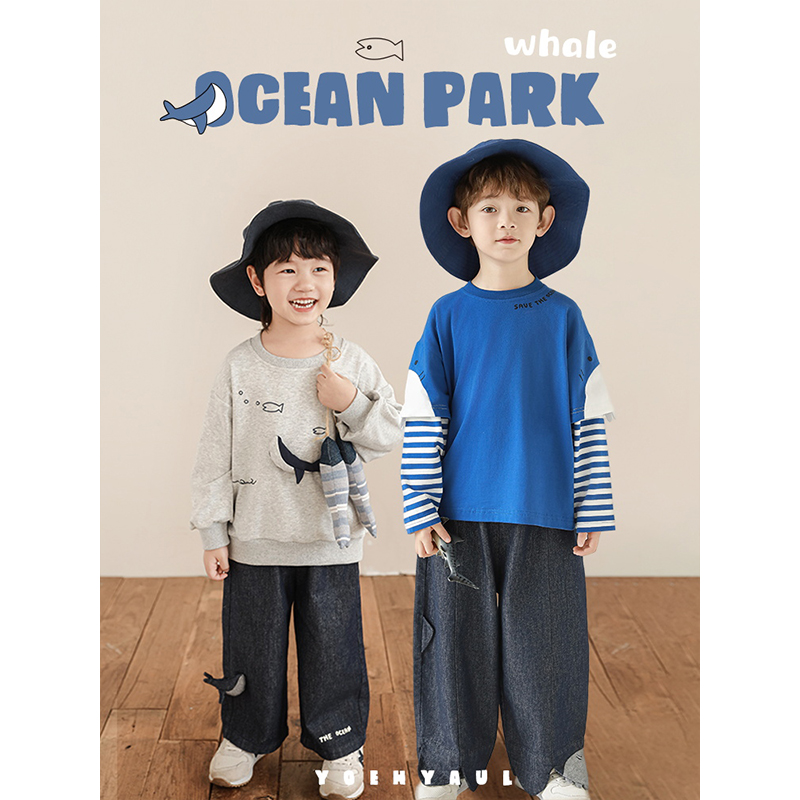 幼悠 男童春季长袖鲸鱼卫衣条纹假两件T恤宽松直筒裤海洋系列套装