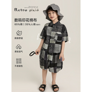 幼悠男童时尚省心套装夏季轻薄透气复古格纹印花短袖衬衫休闲短裤
