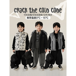 幼悠冬季新款几何数码印花男童可拆连帽双面穿棉马甲加厚棉服外套
