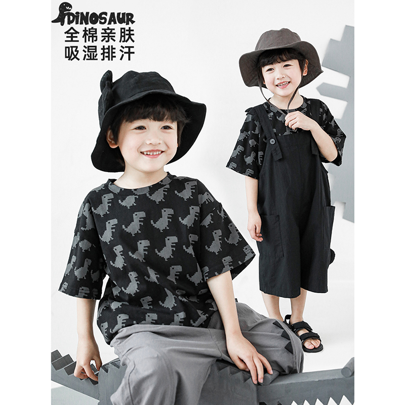 幼悠 男童卡通恐龙印花短袖T恤夏季新款儿童洋气背带裤长裤三件套