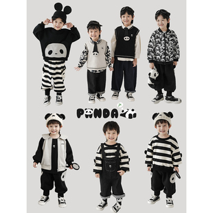 幼悠卡通熊猫字母绣花休闲翻领外套春秋新款儿童马甲背带裤套装潮