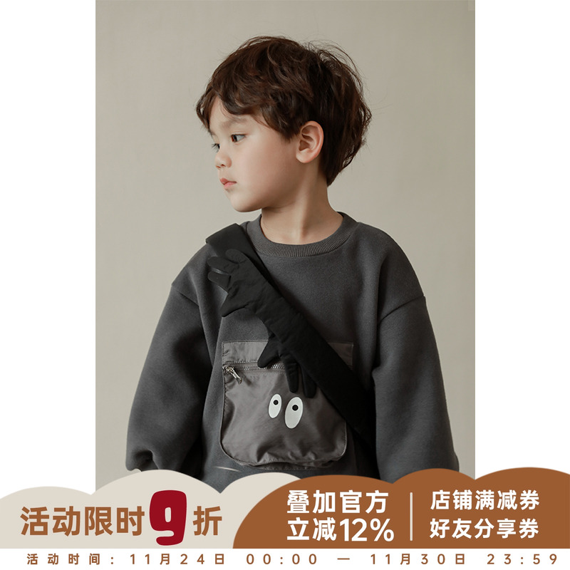 幼悠儿童加绒卫衣口袋洋气男童圆领套头衫冬款小男孩宝宝上衣保暖