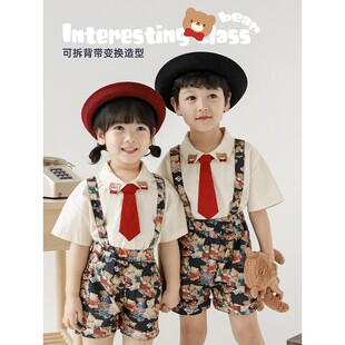幼悠 男童夏季新款小熊彩绘数码印花短袖T恤帅气背带裤衬衫套装潮
