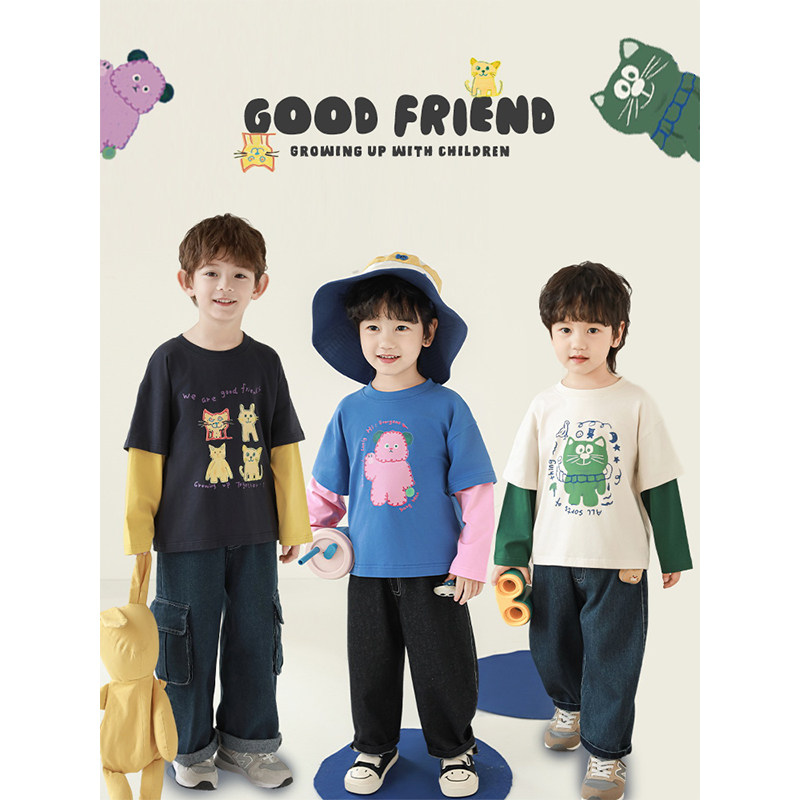 幼悠 男童春季新款拼色卡通假两件T恤2025时尚潮流炸街儿童上衣潮,童装/婴儿装/亲子装,T恤,淘宝优惠券,粉丝福利购,淘宝优惠卷