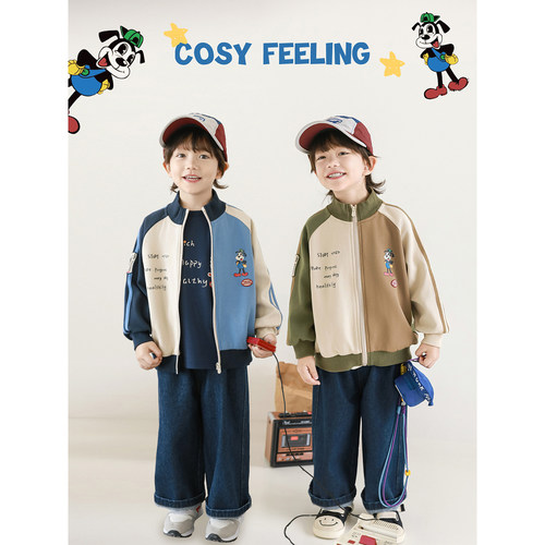 幼悠男童2025秋款日系街头风外套长袖圆领t恤宽松直筒牛仔裤套装