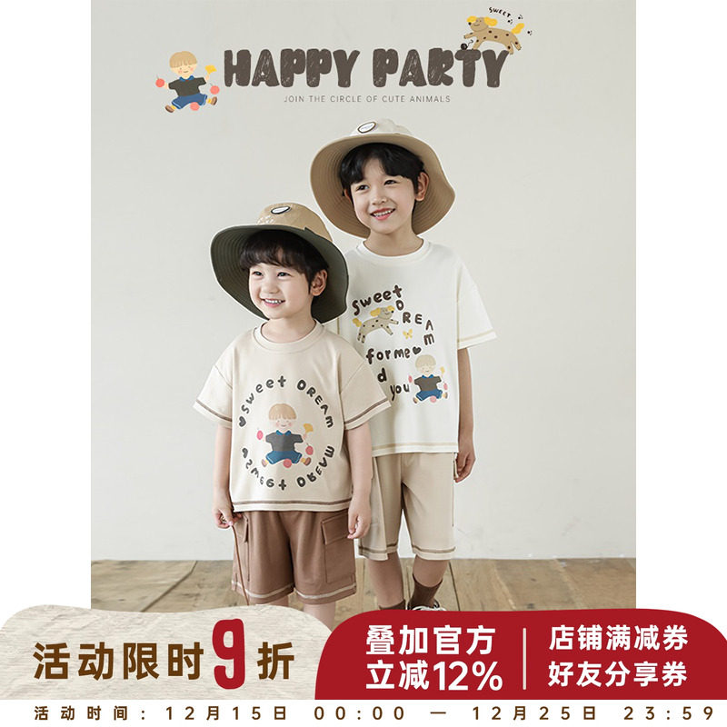 幼悠男童2025新款卡通字母印花短袖t恤夏季爆款宽松休闲工装短裤