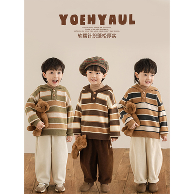 幼悠男童2025新款长袖简洁连帽撞色毛衣冬季时尚加厚保暖针织衫潮
