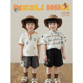 男童夏季 泡泡龙系列套装 翻领短袖 撞色t恤宽松休闲短裤 潮 衬衫 幼悠