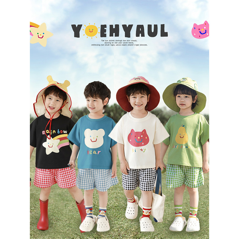 幼悠男童2025夏季新款轻薄短袖卡通T恤宽松休闲百搭五分短裤套装