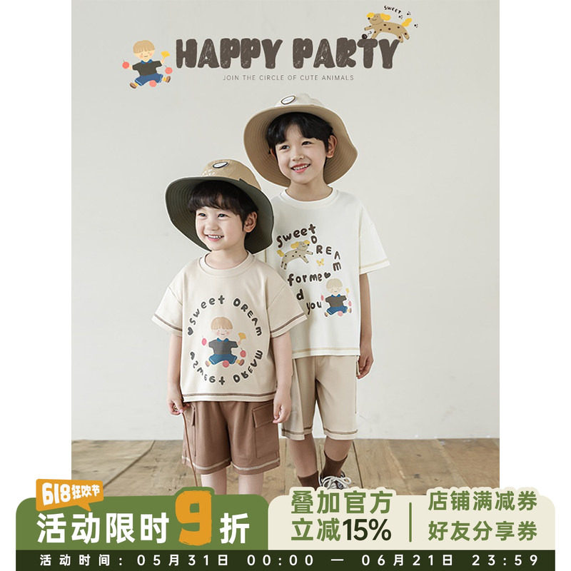 幼悠男童2026新款卡通字母印花短袖t恤夏季爆款宽松休闲工装短裤