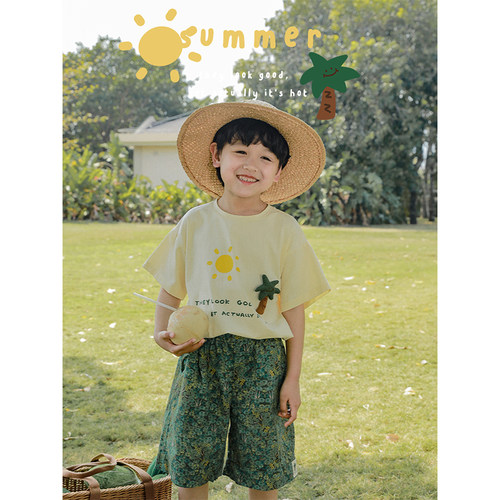 椰林盛夏玩偶印花南亚T恤/