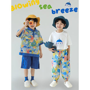 白色短袖 油画衬衫 t恤宽松工装 短裤 幼悠男童夏季 度假系列套装 新款