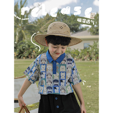 幼悠夏季儿童快乐修狗帅气翻领印花短袖衬衫2025男童休闲清凉衬衣