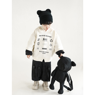 连帽卫衣儿童两件套 撞色拼袖 幼悠男童酷感水浆印花加绒套装 冬新款