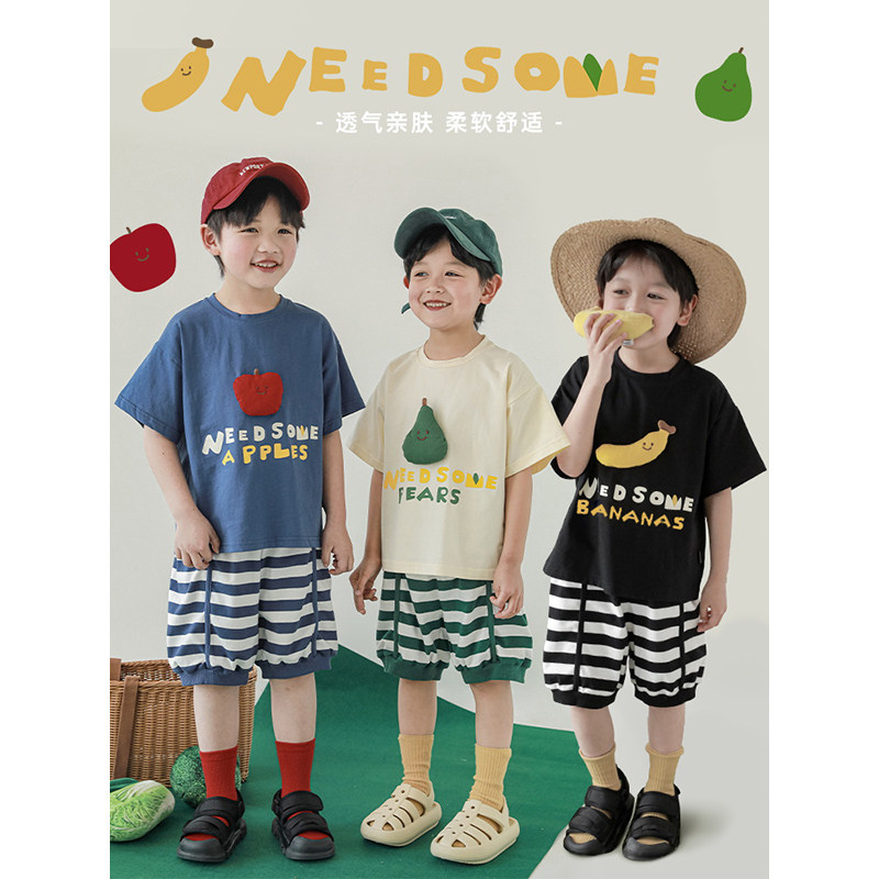 幼悠 夏季男童立体水果字母印花短袖T恤针织条纹收束五分短两件套,童装/婴儿装/亲子装,T恤,淘宝优惠券,粉丝福利购,淘宝优惠卷