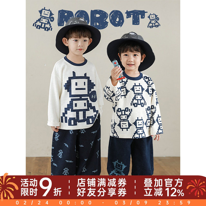 幼悠 男童春秋新款长袖圆领机器人t恤2026新款潮牌童装洋气炸街潮