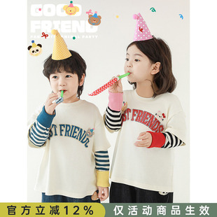 卡通假两件条纹T恤美式 街头风休闲百搭上衣 新款 幼悠男童2026春季