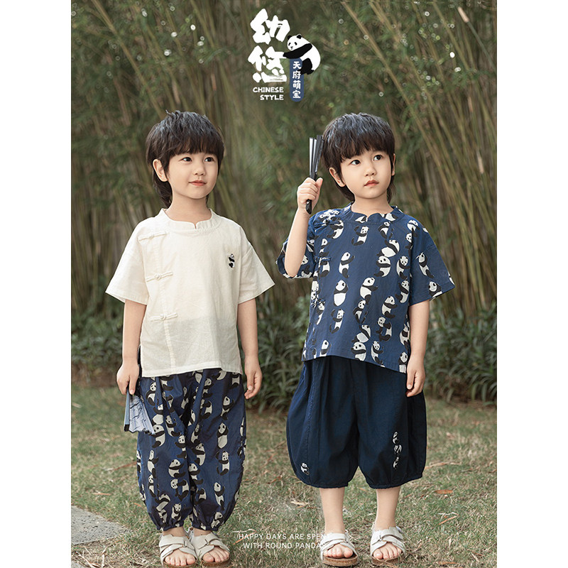 幼悠男童夏季新款中式立领衬衫轻薄透气束脚裤熊猫巡林系列套装潮图片