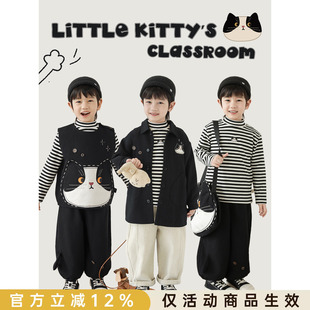 幼悠童装男童无袖马甲日系休闲长袖外套条纹打底衫黑色奶猫套装潮