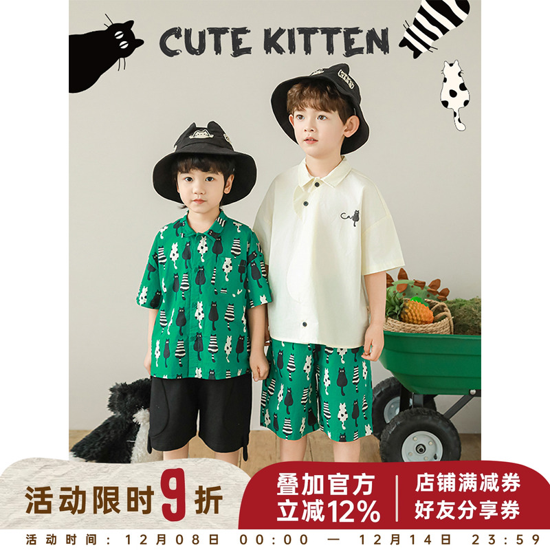 幼悠男童2025夏季新款翻领黑白猫咪衬衫轻薄透气全棉宽松短裤套装