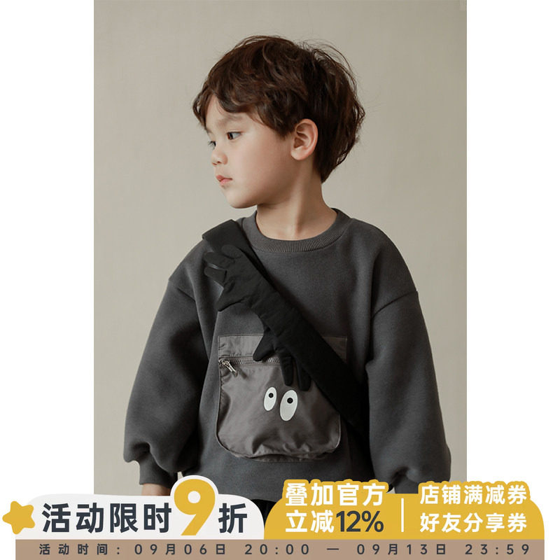 幼悠儿童加绒卫衣口袋洋气男童圆领套头衫冬款小男孩宝宝上衣保暖