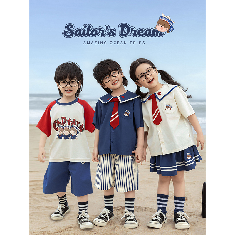 幼悠 男童2025夏季新款短袖翻领衬衫轻薄透气T恤短裤海军风系列潮